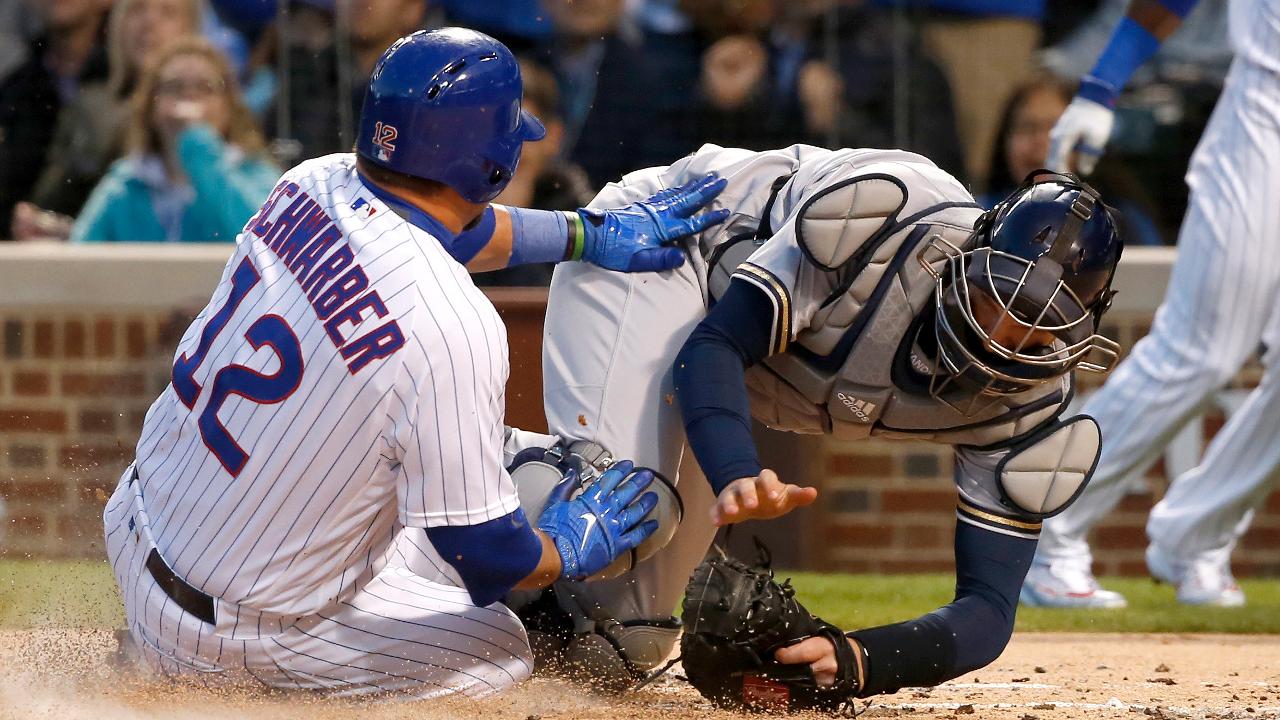 Schwarber surprises Crew with 1st bunt hit